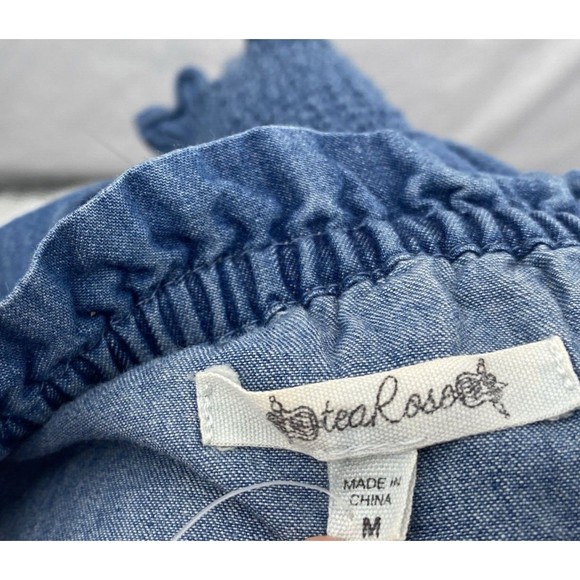 Retro 70s Chambray Top M Denim Blue On or Off Shoulder Wide Ruched Waist Ruffle - Picture 7 of 12